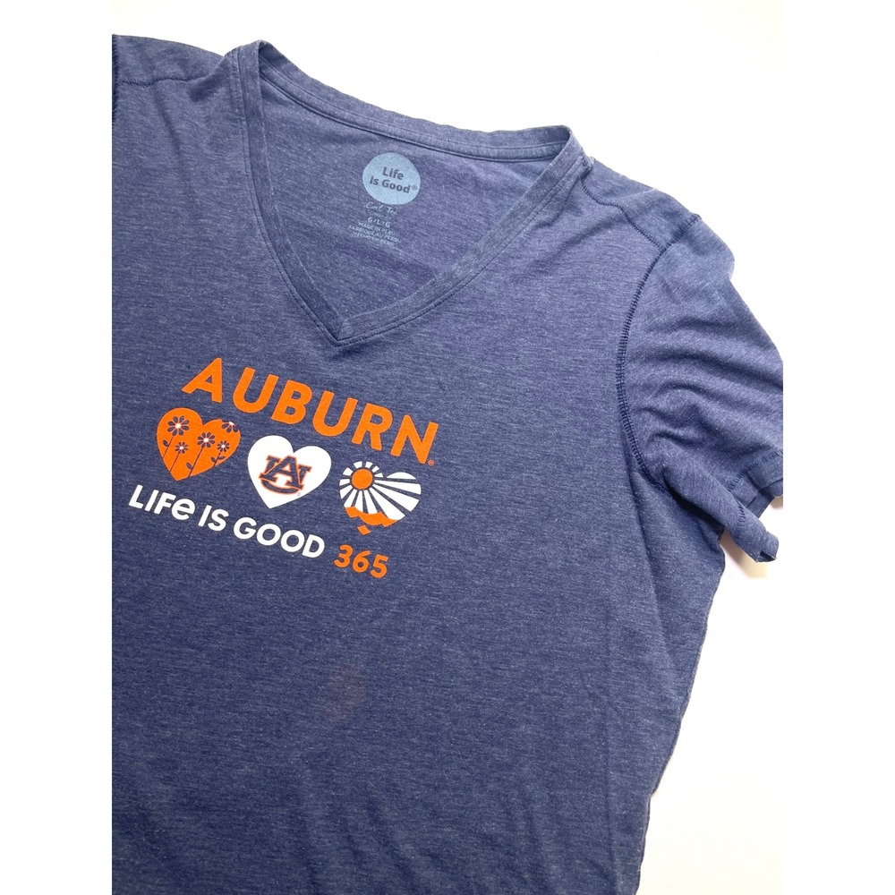 Life is Good Auburn Tigers V-Neck T-Shirt Navy Blue Large Vintage Style 0462